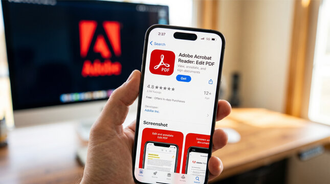 Hand holding smartphone displaying Adobe Acrobat Reader PDF editor app on store interface with monitor showing Adobe logo in blurred background office