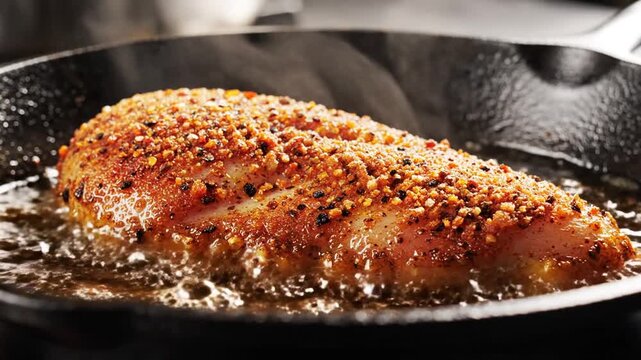Golden crusted meat sizzling in a pan with bubbling oil and rising steam