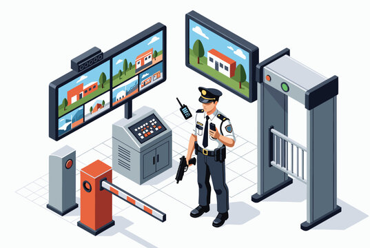 Security guard standing in a high-tech control room with multiple monitors, a metal detector, and a security barrier gate for safety.