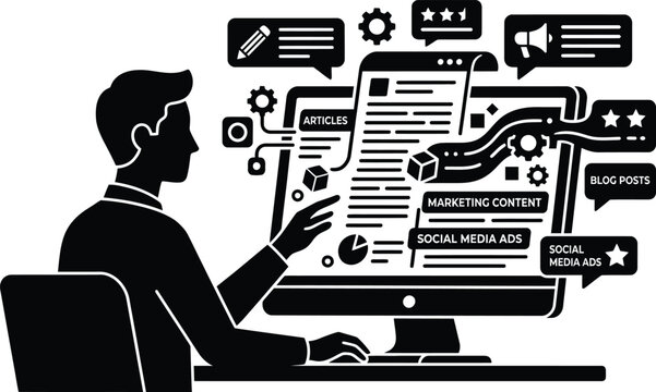 Man working on computer creating marketing content and social media posts