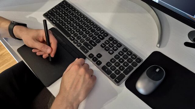 Hands using graphic tablet, mouse and keyboard for digital design work