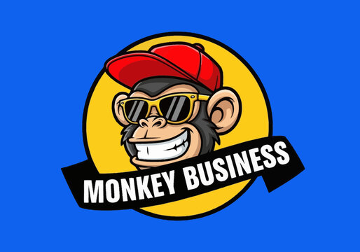 Cool cartoon monkey wearing sunglasses and red hat with 'Monkey Business' text