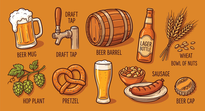 Oktoberfest food and beer festival background elements including sausage pretzel beer mugs collection vector