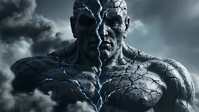 Giant cracked stone titan emerging from dark clouds. Muscular rocky figure radiates glowing blue energy from deep fissures. Ancient power concept, ideal for cinematic fantasy and gaming media.