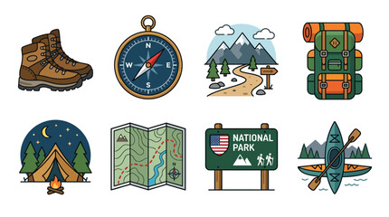 Fototapeta premium Hikers prepare for adventure with gear and map in national park