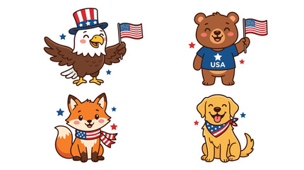 Fototapeta premium Patriotic animals celebrate Independence Day with flags and accessories.