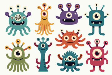 Obraz premium Group of ten unique and colorful cartoon monsters with different numbers of eyes and tentacles in a playful collection.