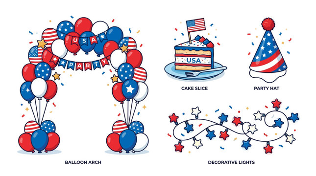 Patriotic party decorations include a balloon arch with red, white, and blue balloons and a banner celebrating America with a cake slice and party hat on a table with decorative lights.