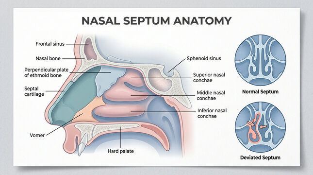 Nasal septum anatomy cross-section showing detailed structures like bone, cartilage, sinuses, and nasal conchae, comparing normal airflow with deviated septum obstruction.