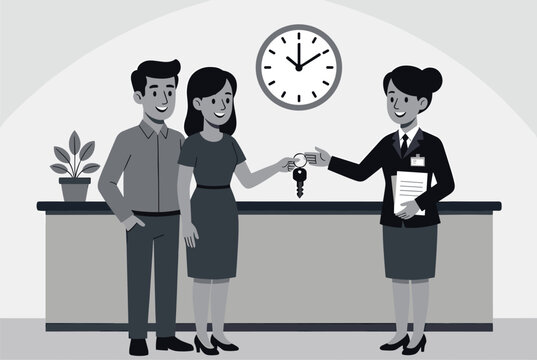 Professional hotel receptionist handing over room keys to a young couple at the check-in desk in a hospitable environment.
