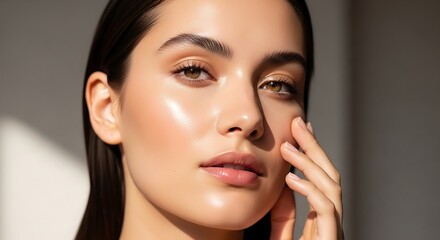 Fototapeta premium Close-up Portrait of a Beautiful Young Woman with Radiant Glowing Skin and Natural Makeup for Skincare Concept