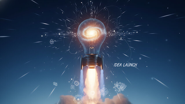 Glowing electric lightbulb launching skyward like a mighty space rocket with intense combustion trail representing creative invention, innovative strategy, and rapid growth against blue backdrop.