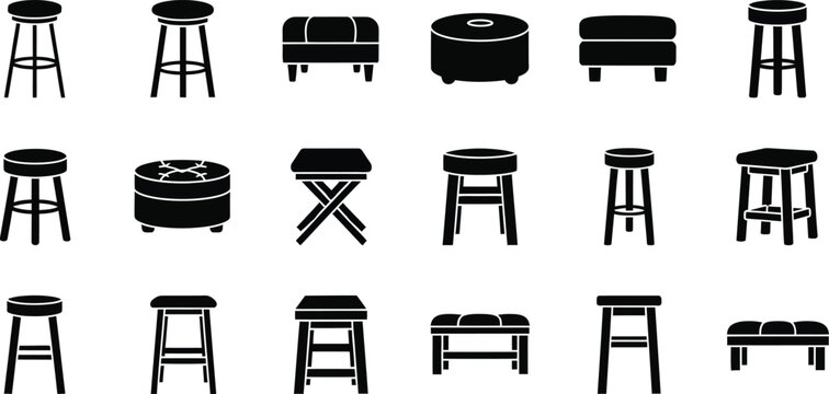 Collection of various stool and ottoman silhouette icons including bar stools, kitchen seating, and footstools for interior design vector illustration
