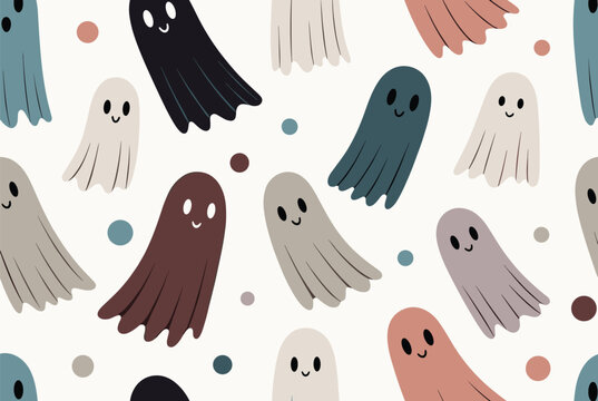 Seamless halloween pattern of cute and friendly ghosts in different colors like blue, black, and brown on an off-white background.
