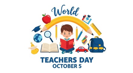 Fototapeta premium World teachers day illustration with child reading