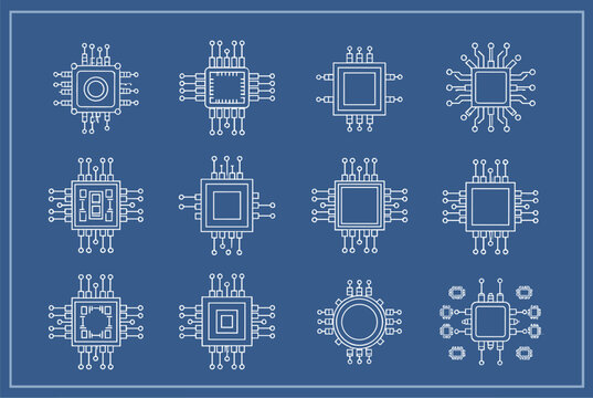 Blueprint style technical drawing of various computer cpu and microchip architectures on a blue background representing hardware design.