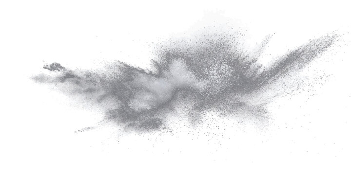 Explosive cloud metallic powder explodes isolated white background, representing dynamic energy, particulate matter, and raw elemental power.