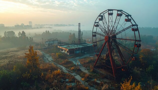 The rusting skeletal frame of a Ferris wheel in an abandoned amusement park, a melancholic relic of past joy.