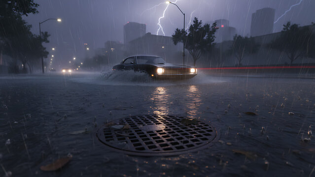 Urban asphalt road submerged under heavy rain during a midnight monsoon storm with a vehicle navigating deep puddles near a metallic drainage grate in a dark city atmosphere.