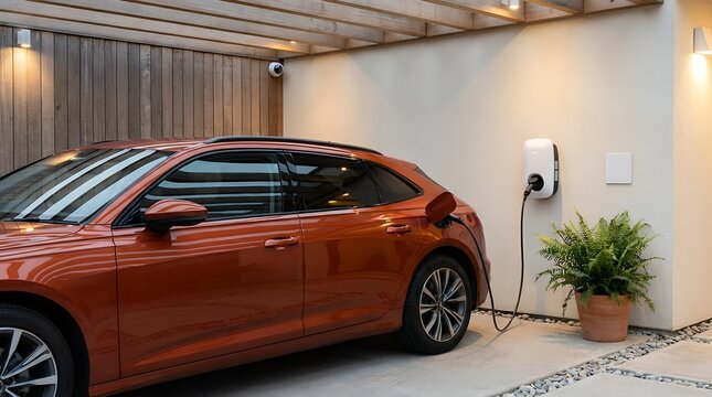 An orange electric car is plugged into a charging station attached to a cream colored wall next to a potted fern plant and wooden paneling EV charging car charger electric vehicle