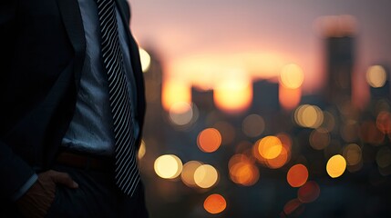 Fototapeta premium Businessman in suit standing with hand in pocket, city skyline sunset bokeh background