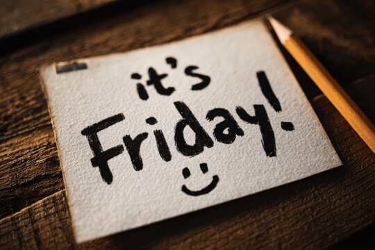 Handwritten note on textured paper reads "it's Friday!" with a smiley face, placed on a rustic wooden surface alongside a pencil