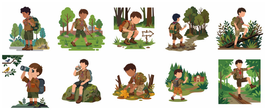 Set of Boy Scout Cartoon Characters in Various Outdoor Adventure Activities, Hiking and Exploring Nature Vector Illustration