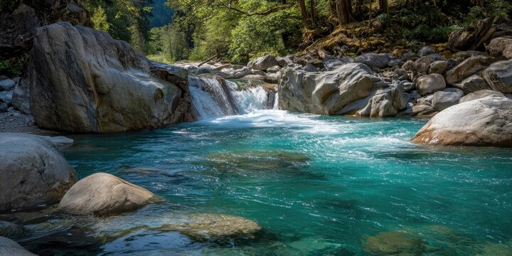 Turquoise water cascades over rocks in a lush, sunlit forest