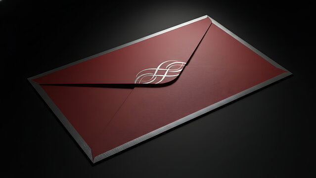 Modern minimalist closed invitation envelope in crimson red and shimmering silver finish under dramatic spotlight illumination emphasizing luxurious paper texture and sleek contours.