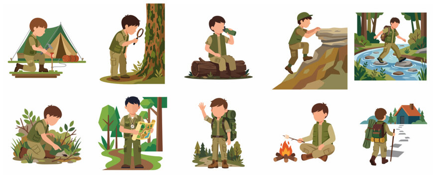 Set of cartoon illustrations of a young boy scout exploring nature, camping, hiking, and learning survival skills in the outdoors.