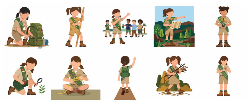 Set of girl scout vector illustrations featuring various outdoor activities, camping skills, hiking, and leadership for youth education.