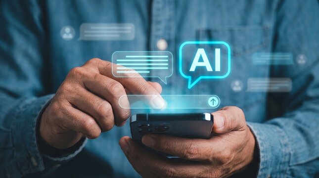 Man using smartphone with AI chatbot assistance holographic interface screen
