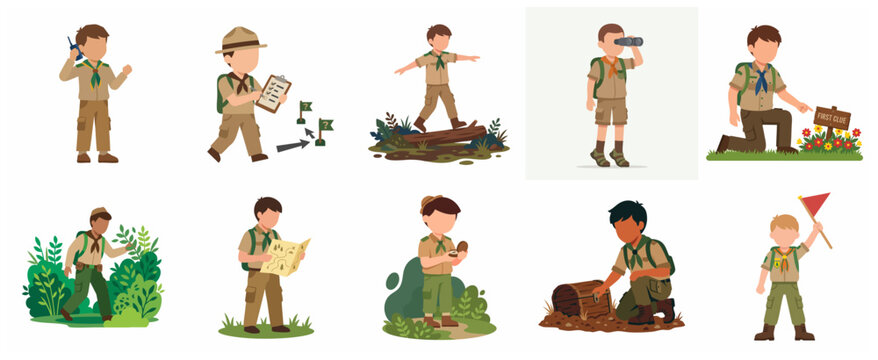 Collection of Little Boy Scout Characters Exploring Nature and Learning Survival Skills Illustration