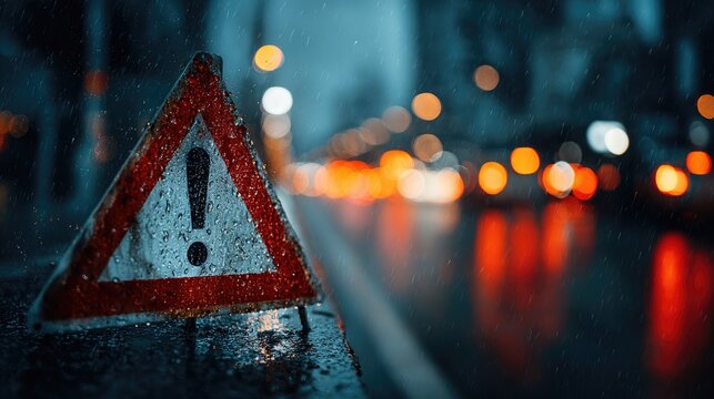 A triangular warning sign with an exclamation mark is illuminated by city lights on a wet road
