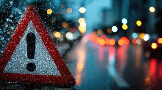 Wet road at night with blurry car lights and a warning sign