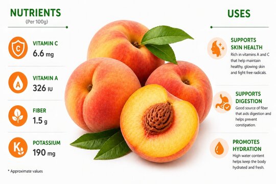 A 3D semi-realistic bright image of a ripe peach centered with soft texture and vibrant color. On the left, list nutrients per 100g (vitamin C, vitamin A, fiber, potassium). On the right, showing uses