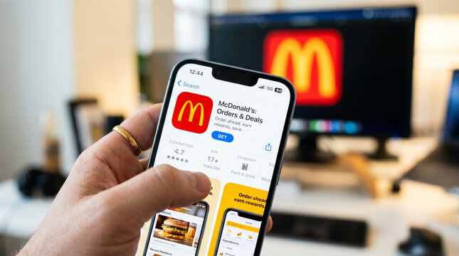 McDonald's Mobile App on iPhone Screen for Food Ordering and Deals with Logo on Monitor Fast Food Digital Rewards Loyalty Application and Delivery