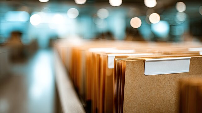 Organized rows of manila folders in a dimly lit archive, ready for retrieval