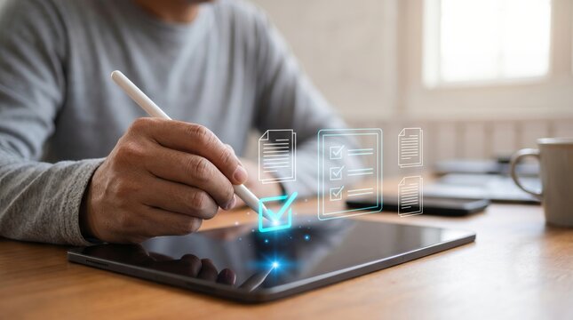Man using digital stylus to checklist document on tablet with holographic checkmark for business agreement and paperless workflow management