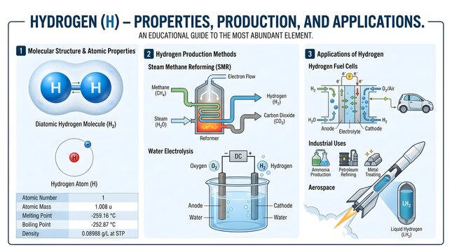 Hydrogen (H) properties, production and applications infographic describing atomic and molecular structure, physical constants, steam methane reforming reactor, electrolysis cell for water splitting a