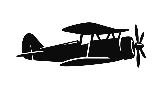 Vintage Biplane Silhouette Vector Icon Isolated on White Background for Aviation Logo and Retro Design