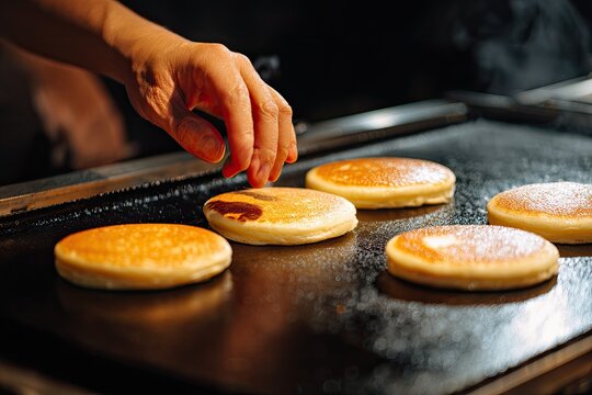 A hand flips golden-brown, fluffy pancakes on a hot griddle