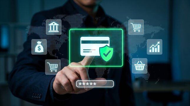 Secure online payments concept Hand interacting with a glowing shielded credit card icon amidst global financial and e-commerce technology