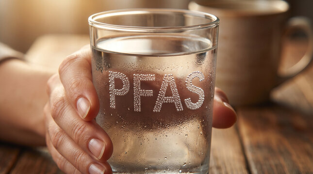 Close up view of glass filled with water showing pfas word spelled out in bubbles representing synthetic chemical compounds and environmental pollution hazards in drinking sources.