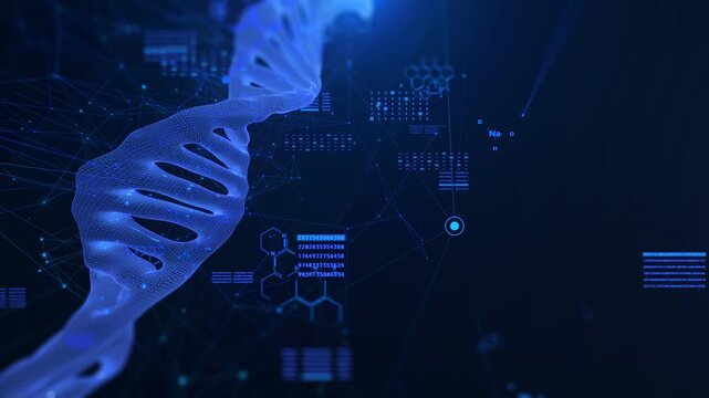 Abstract 3D DNA Strands Floating with Scientific Chemical Formulas and Molecular Structure Animation. Biological Genetics Research and Medical Science Concept. Ultra HD 4K Glossy Double Helix Motion