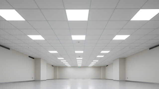 Illuminated overhead architectural ceiling featuring a geometric grid of recessed square panels and integrated LED lighting fixtures for a bright clean modern minimalist interior design aesthetic.