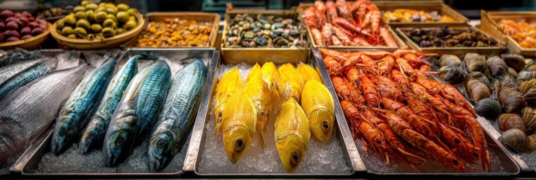 Fresh seafood display featuring various fish, shrimp, and shellfish on ice at a market stall with wooden trays and vibrant colors