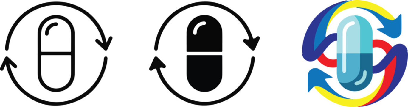 Recycling and dissolving capsule pills process illustration