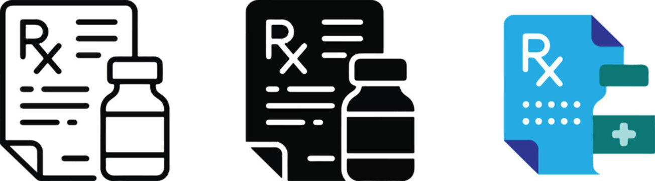 Prescription icon set with bottle and digital document