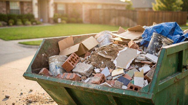 Large green steel waste container overflowing with renovation materials including construction rubble bricks cardboard and blue tarp stationed on suburban driveway outside residential home.